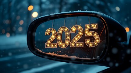 New Year&rsquo;s Magic. 2025 Hanging from Rearview Mirror with Snowfall and Sparkling Lights