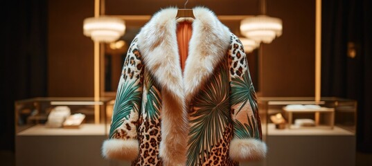 Luxurious fur coat with leopard print and tropical leaves hangs in fashion boutique