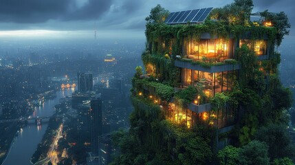 Fototapeta premium A futuristic building covered in greenery, illuminated at night with a city skyline in the background.