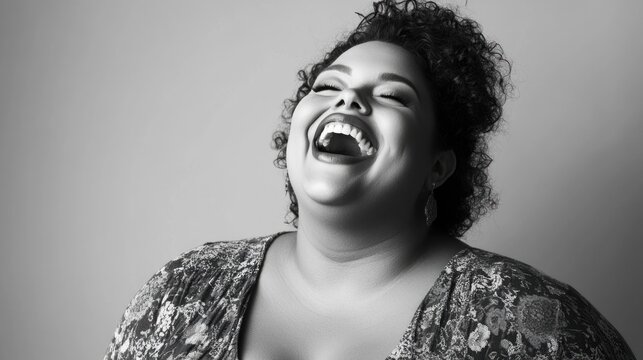 Plus size woman laughing with genuine happiness in black and white