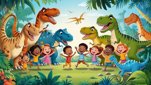 AI generated Cartoon style images of Dinosaurs playing with School going children