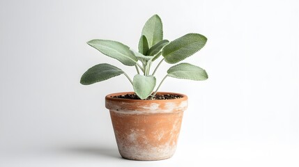 Obraz premium A potted silver sage plant with soft, silvery-green leaves sits against a clean white background.