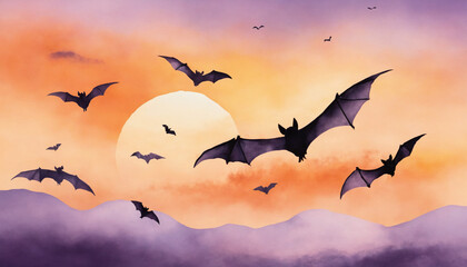 Bats flying at sunset, spooky mood, wildlife watercolor art, dramatic sky backdrop, copy space