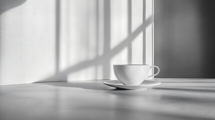 Close-Up Photo: Serene White Coffee Cup Basking in Soft Sunlight by Window. AI Generated
