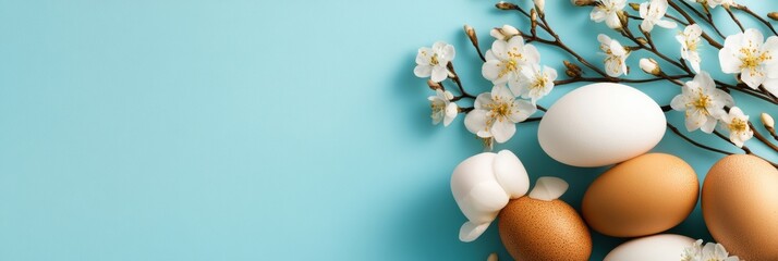 A collection of beautifully colored eggs in gentle shades with blooming blossoms, embodying the joyful spirit of Easter and bringing together family and friends in this time of renewal