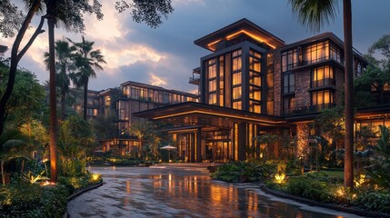 A luxury hotel exterior with dramatic lighting, lush landscaping, and a grand entrance canopy.