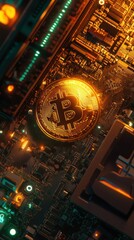 Obraz premium Golden bitcoin on a circuit board, symbolizing the fusion of cryptocurrency and technology. The shining coin stands out among intricate electronic components.