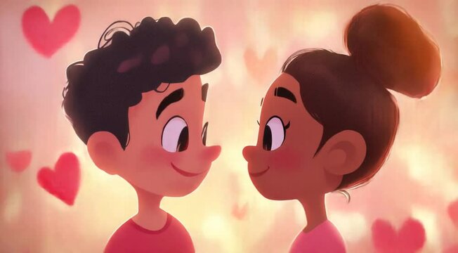 Cartoon of a man and a woman looking at each other with hearts in the background. Scene is romantic and loving