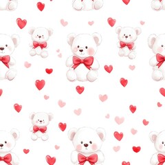 Fototapeta premium Cute teddy bears and hearts pattern suitable for a baby nursery or childrens decor featuring a clean mock up space. Generative AI