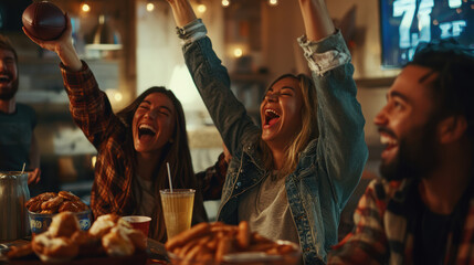 Joyful Group Celebration During Super Bowl Party with Snacks and Drinks