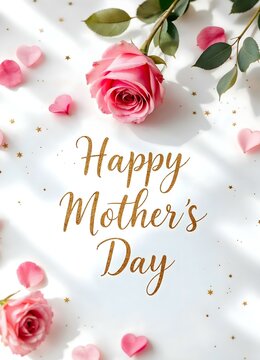 Happy Mothers Day - Beautiful White Background with roses and petals writting happy mothers day background