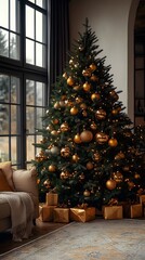 Luxurious Christmas tree decorated with warm golden decorations
