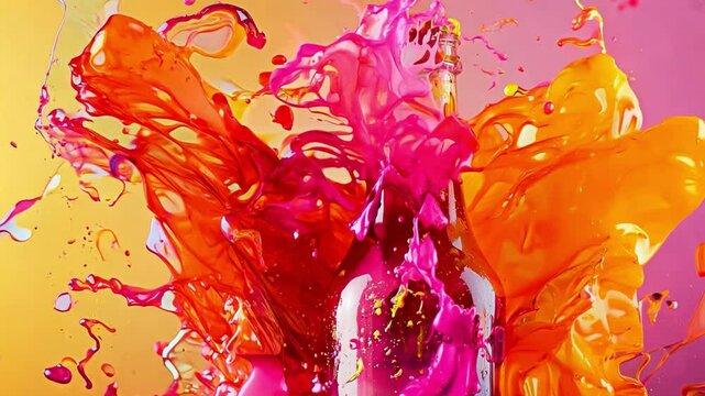 Vibrant splashes of pink and orange liquid exploding around a glass bottle against a colorful gradient background. 4K video
