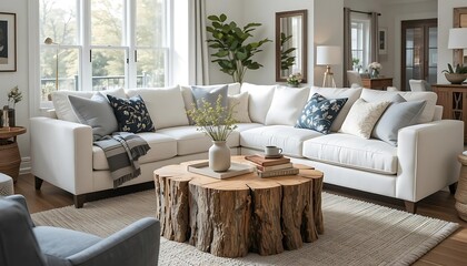 Scandinavian Home Interior Design with Rustic Live Edge Tree Stump Accent Coffee Table near White Corner Sofa