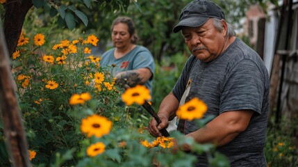 Overweight individuals participating in a community gardening project among blooming flowers and gardening tools, with natural light filtering through trees