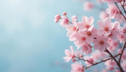 Obraz premium Beautiful Soft Pink Cherry Blossom Flowers Blooming Against Gentle Blue Background - Spring Nature Beauty for Wedding and Home Decor