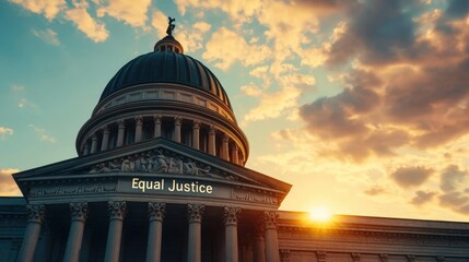 Obraz premium National Freedom Day and justice heritage, A majestic building features a dome and pillars against a vibrant sunset, with the words 