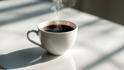 Steaming black coffee in a white cup, placed on a pristine white countertop, exuding warmth and inviting aroma for a cozy, comforting moment.