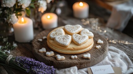 A warm, minimalistic Valentine's Day celebration featuring heart-shaped cookies on a wooden platter, candles, flowers, and handmade cards