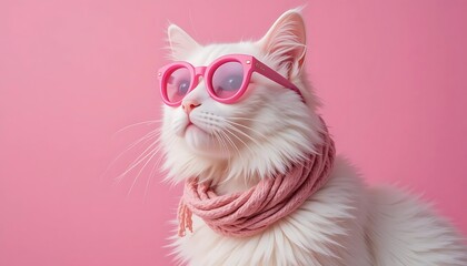 Chic White Cat in Pink Sunglasses and Scarf on Pink Background
