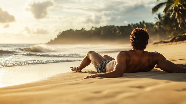 A captivating scene of a Brazilian man enjoying a sunny day on the beach, sunbathing in a sunga, surrounded by calm waves and a picturesque tropical landscape.

