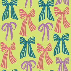 Vector bows seamless pattern. Hand-drawn gift bow isolated on yellow background. Holiday illustration for design, print, fabric or background.