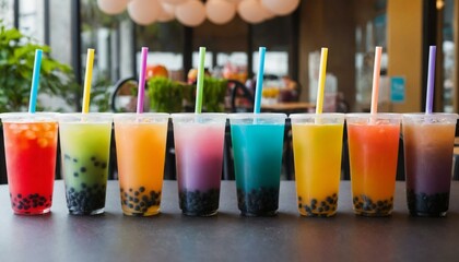 A colorful display of various flavored bubble teas on a table.