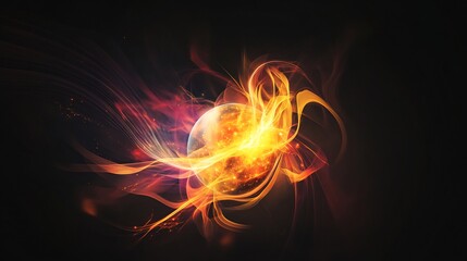 Fiery Abstract Digital Painting: Glowing Orb in Dark Space. AI Generated