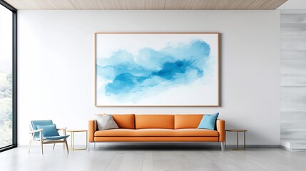 Serene Blue Abstract Art in Modern Living Room Photo: Wide Shot. AI Generated