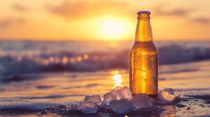 Golden Hour Beach Photo: Chilled Beer Bottle on Sandy Shore at Sunset. AI Generated