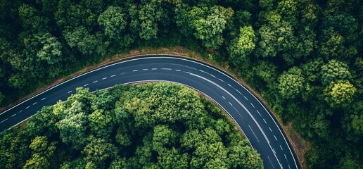 Aerial view of a winding road surrounded by lush green forest.