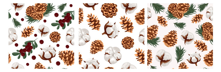set of three seamless patterns with New Year icons of plants, namely various cones, cotton flowers and red berries on colorful backgrounds