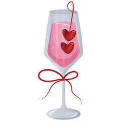 rectangular wine glass icon with pink drink and berries in heart shape and red bow, valentines day design