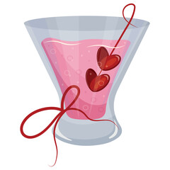 round cocktails glass icon with pink drink and berries in the shape of hearts and red bow, design for valentine's day	
