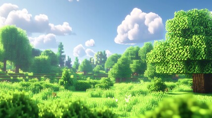 Vibrant 3D Render: Lush Summer Forest Scene, Gently Lit by Sunny Sky. AI Generated