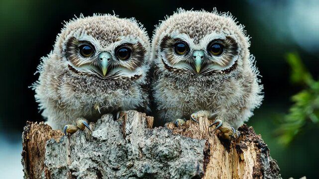 Two fluffy owlets perched on a tree stump, showcasing their adorable features.