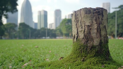 Tranquil Urban Landscape with Tree Stump Surrounded by Tall Buildings