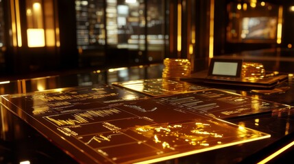 Obraz premium Glimmering Gold Investment Insights in Modern Office