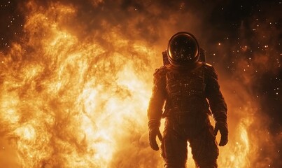An astronaut stands against a backdrop of a fiery sun, symbolizing exploration.