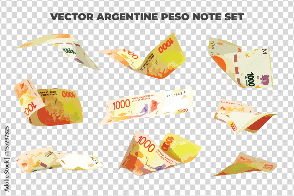 Aufkleber Vector illustration of set of Argentine peso notes flying in different angles and orientations. Currency note design in Scalable eps format

