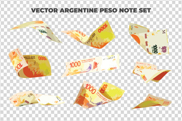 Vector illustration of set of Argentine peso notes flying in different angles and orientations. Currency note design in Scalable eps format
