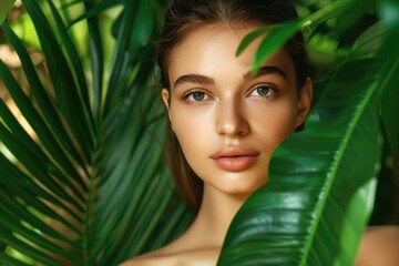 Naklejka premium Beautiful woman with smooth skin in tropical leaves natural skincare.