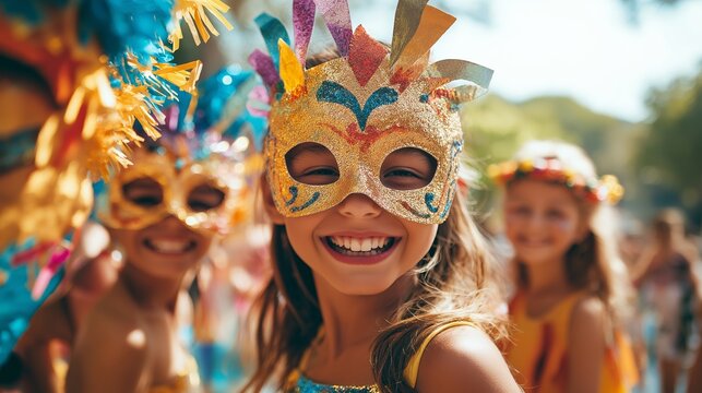 A group of children wearing colorful carnival masks and face paint, laughing and playing with a piñata at a Mardi Gras festival, with festive decorations in the background - Powered by Adobe