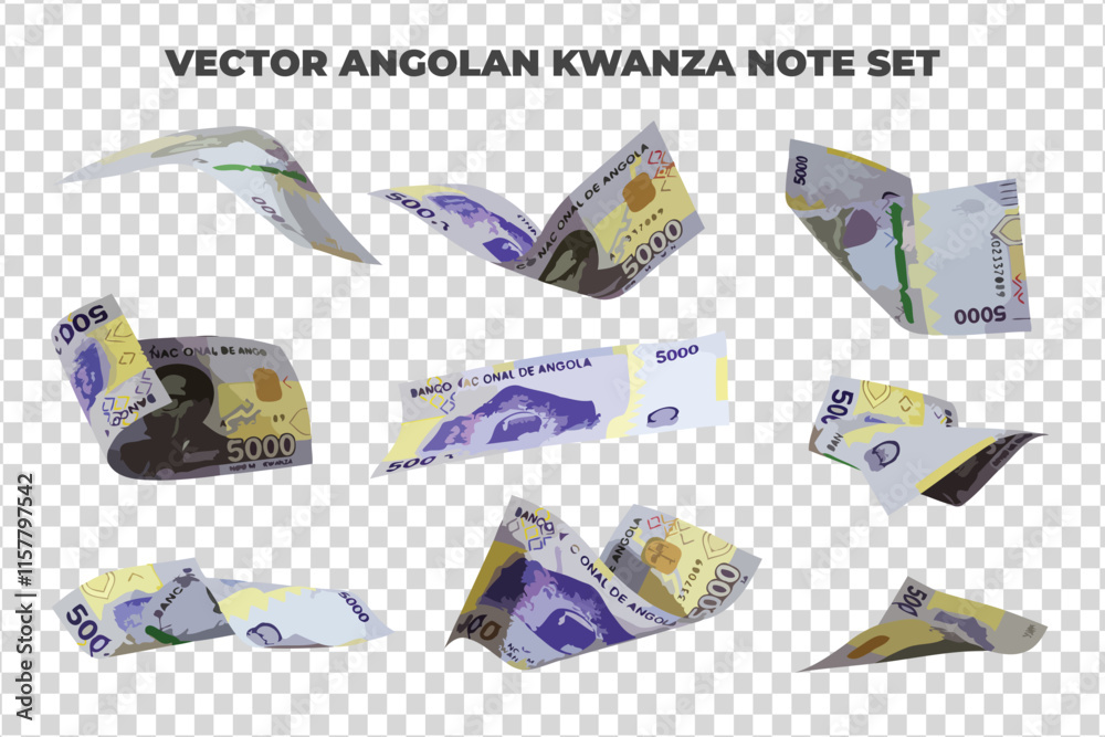 Aufkleber Vector illustration of set of Angolan kwanza notes flying in different angles and orientations. Currency note design in Scalable eps format
