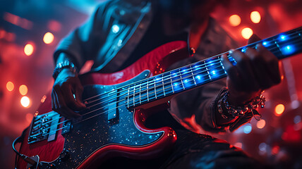 Obraz premium Close-up of a musician playing a bass guitar with illuminated fretboard on stage.