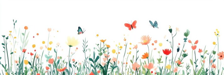 Playful doodle of a vibrant meadow with colorful flowers and fluttering butterflies in a cheerful spring ambiance. Generative AI