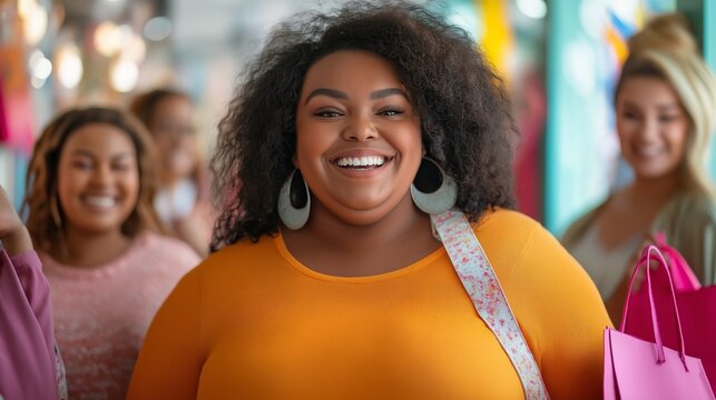 A diverse group of plus-size friends joyfully shopping for oversized clothing in a vibrant store, showcasing body positivity and inclusivity