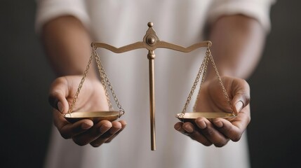 National Freedom Day and justice heritage, A person holds a traditional balance scale, symbolizing justice and fairness, with a neutral background enhancing the focus on the scales.