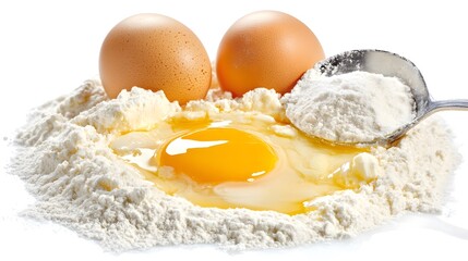 Close-up of two brown eggs and a cracked egg yolk nestled in a mound of white flour, with a spoonful of flour nearby. Perfect for baking recipes and food blogs.