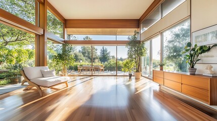 Fototapeta premium Sunlight Streams Through Expansive Windows in Serene Modern Home Photo - Wide Shot. AI Generated